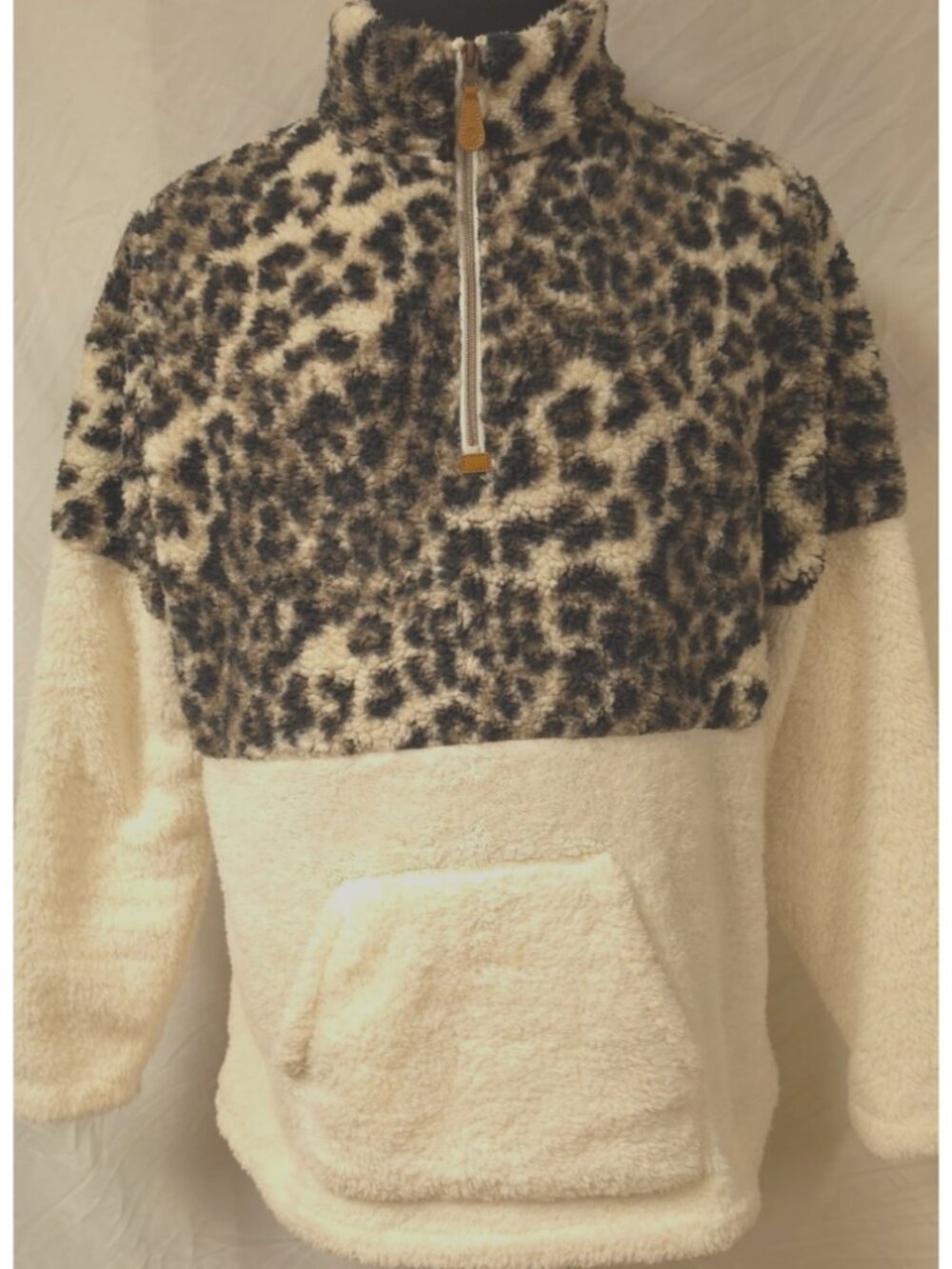 Tees2urdoor Leopard Cream Sherpa Fleece Quarter Zip Pullover XL Hoodie Jacket
